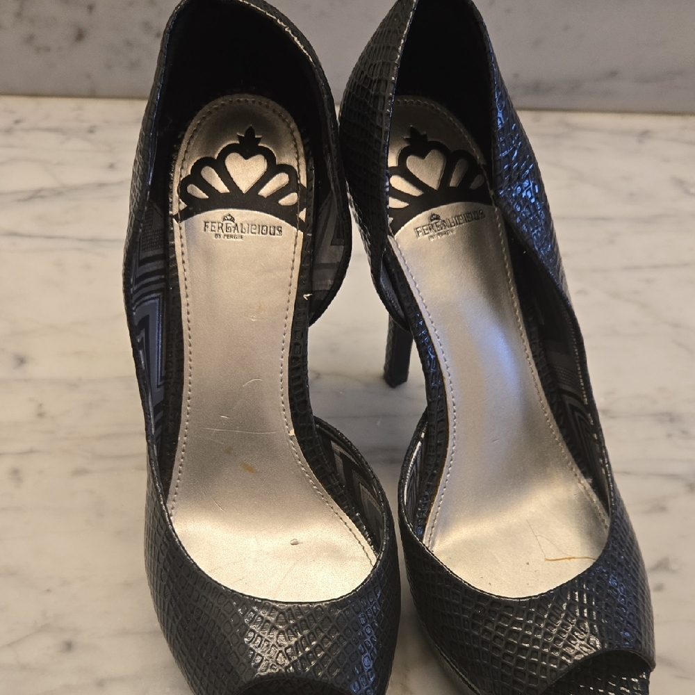 Fergalicious Black Textured Peep Toe Heels